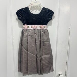 Girls Gray Velvet Top Formal Dress with Pink Rose Sash